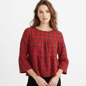 Madewell Red Plaid Tiered Button Down Back Crop Top Ruffle Bell Sleeves Size XS